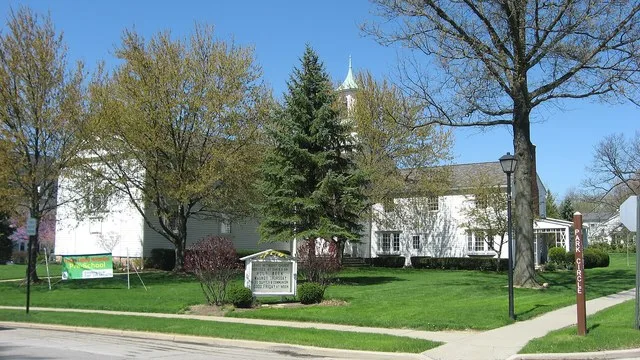 Front of the Leroy United Methodist Church , located at 7 Park Circle on the village green in Westfield Center , Ohio , United States . Church website .