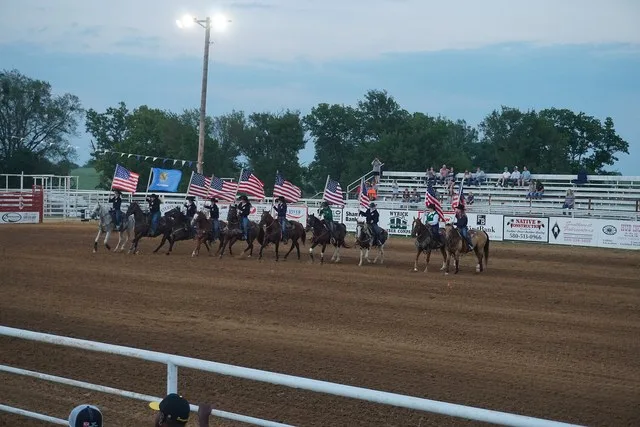 The grand entry at the 2018 Boswell FFA Rodeo in Boswell , Oklahoma ( United States ).