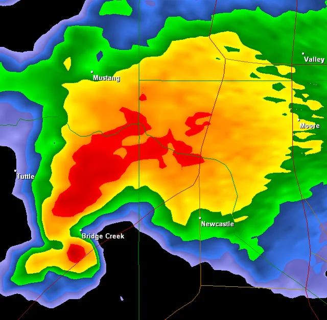 A radar image of a supercell thunderstorm, which was producing tornado that was passing through Bridge Creek, Oklahoma at the time of the image.