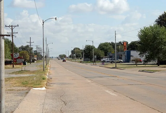 A view of Canute, Oklahoma. The view is to the east on old U.S. Highway 66, near the internction with Main Street.