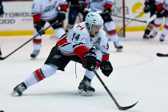 Carter Bancks #34 of the Abbotsford Heat The Abbotsford Heat take on the Oklahoma City Barons at the Abbotsford Entertainment & Sports Centre on April 11, 2014 in Abbotsford, Brit...