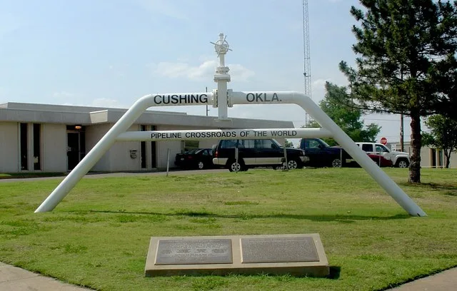 "Pipleline Crossroads of the World" sign found north and east of Cushing, Oklahoma.