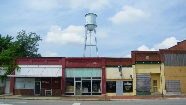 The city water tower standing over Main Street in Fairland, Oklahoma