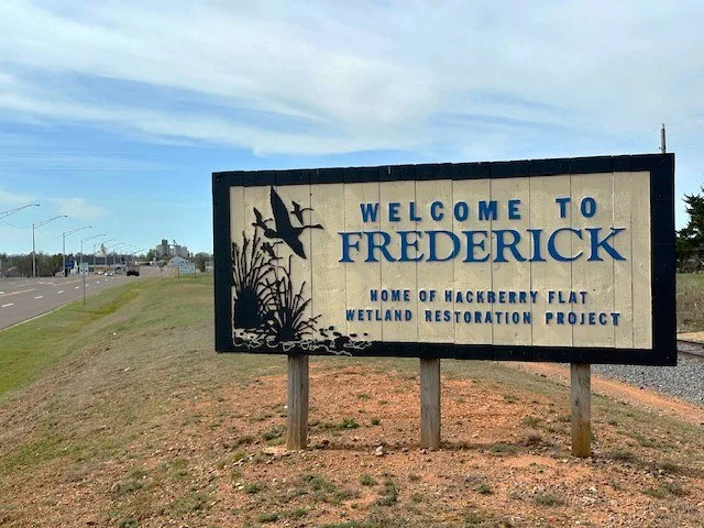 Welcome sign at Frederick, OK in 3-2025