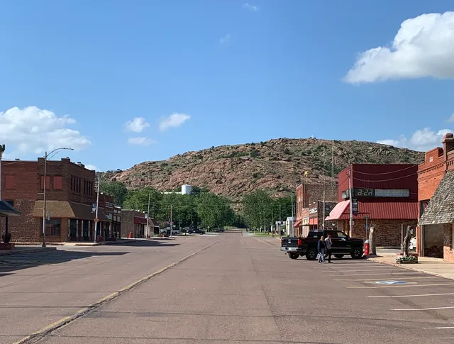 Main Street in Granite, a town in southwest Oklahoma, facing Headquarters Mountain, part of the Wichita Mountains subgroup known as the Granite Mountains.