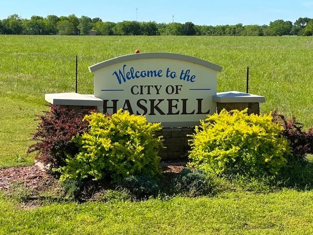 Haskell Welcome sign in May of 2025