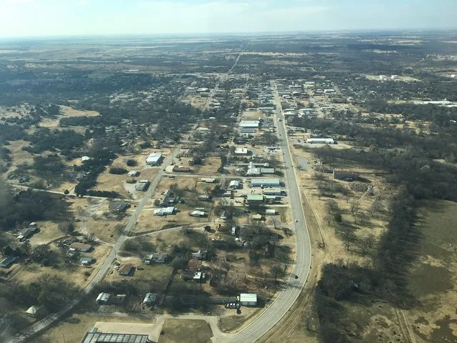 An aerial view of Main St, Healdton, Oklahoma.