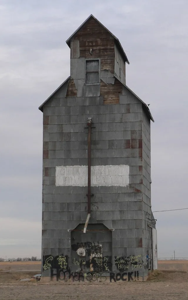Hooker Wood-frame grain elevator, located at the northern edge of Hooker, Oklahoma ; seen from the south.