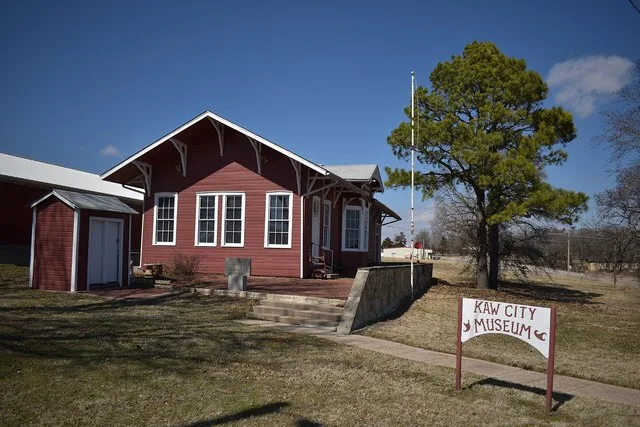 The 1903 Santa Fe Depot in Kaw City, Oklahoma, moved before the original townsite was flooded, now part of the Kaw City museum.