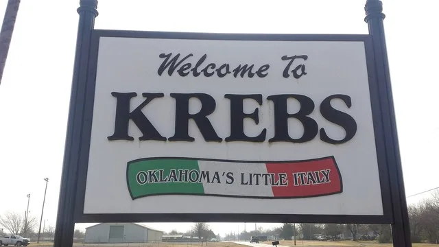 Welcome sign, Krebs, Oklahoma.