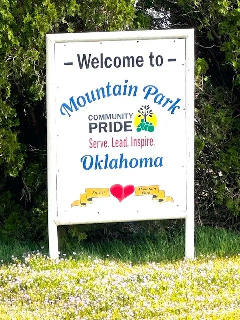 Welcome sign at Mountain Park, OK 3-2025
