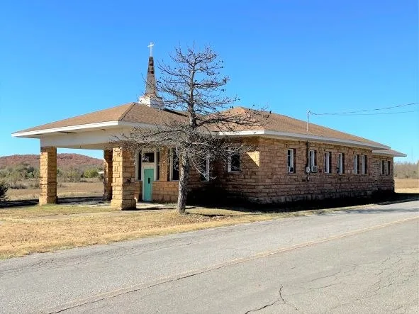 Former railroad depot at Slick, Oklahoma, now a church, in October 2022.