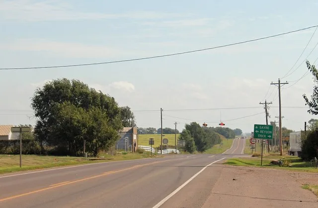 Sweetwater, Oklahoma. The intersection in the picture is the intersection of Oklahoma state highways 152 and 30. The photographer is on Highway 152 looking east.