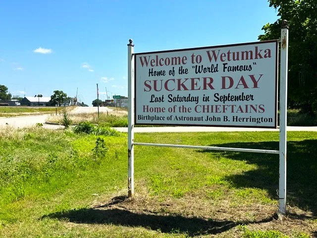 Wetumka welcome sign in June 2026 referencing Sucker Day