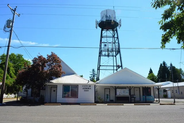 City hall and water tower, Aurora, Oregon, U.S.