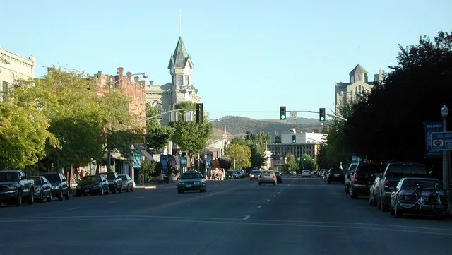 Main Street in downtown Baker City, Oregon, looking south near sundown