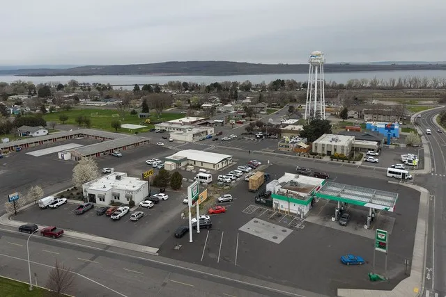Aerial view of downtown Boardman, Oregon (pop. 3,828).