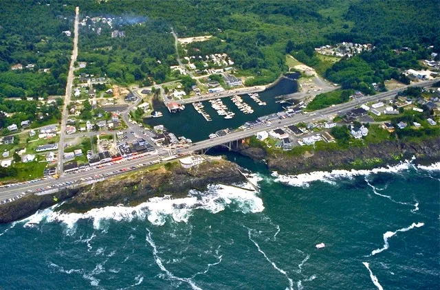 Aerial view of the harbor and center of Depoe Bay, Oregon, USA.