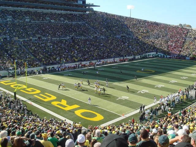 Autzen Stadium , home of the University of Oregon Ducks football , during the 2007 season game between the USC Trojans and the Ducks ; it was the first time two top-10 teams had p...