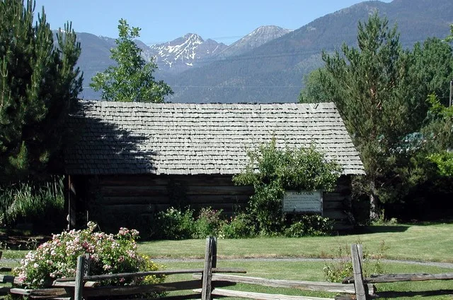 Nineteenth-century cabin moved to Dick Camp Memorial Park in Haines, Oregon, from elsewhere in Baker County, Oregon