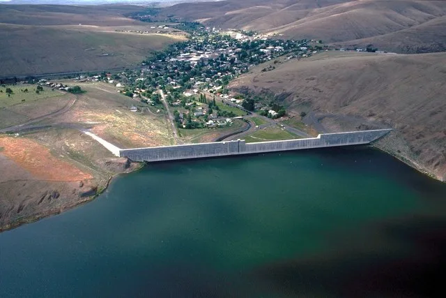 Aerial view of Heppner, Oregon. This photograph was taken from above Willow Creek Lake and Dam which are just above the town.