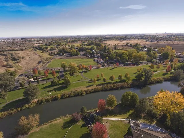 Riverfront Park shown in the Fall of 2016, looking East, with the city of Hermiston in the background. The park features 16 acres of grassy open space, access to the Umatilla Rive...