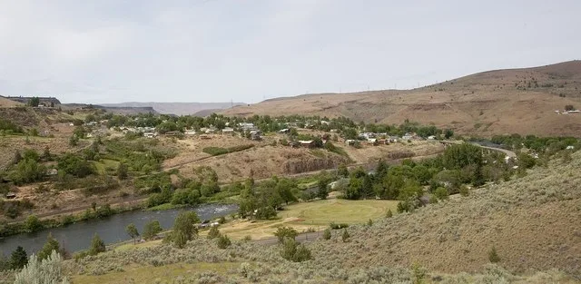 Maupin and the Columbia Plateau — looking north from U.S. Highway 197 in Oregon . The Deshutes River is in the foreground. In Wasco County, Oregon.