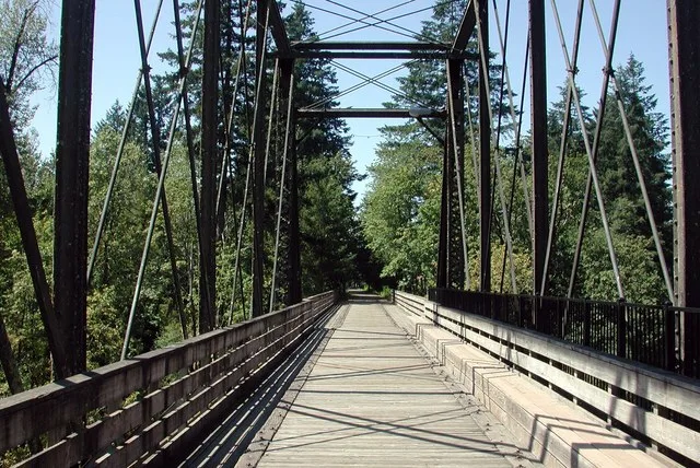 Pedestrian bridge over the North Santiam River in Mill City, Oregon, United States. This is an image of a place or building that is listed on the National Register of Historic Pla...