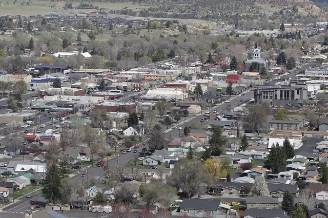 A view of downtown Prineville, Oregon from the Ochoco State Scenic Viewpoint , set atop a hill to the west.