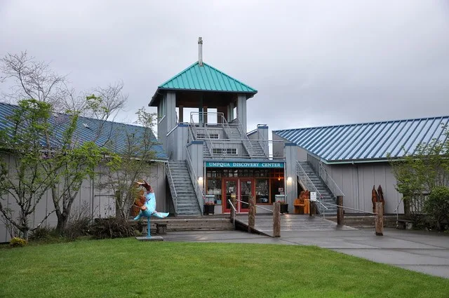 Umpqua Discovery Center in Reedsport in the U.S. state of Oregon. The center, featuring natural and cultural history exhibits of the region, is along the Umpqua River near its mou...