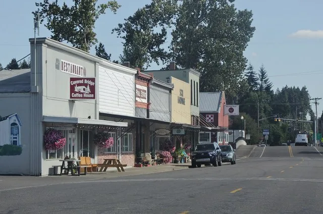 Businesses on the main street of Scio, Oregon .