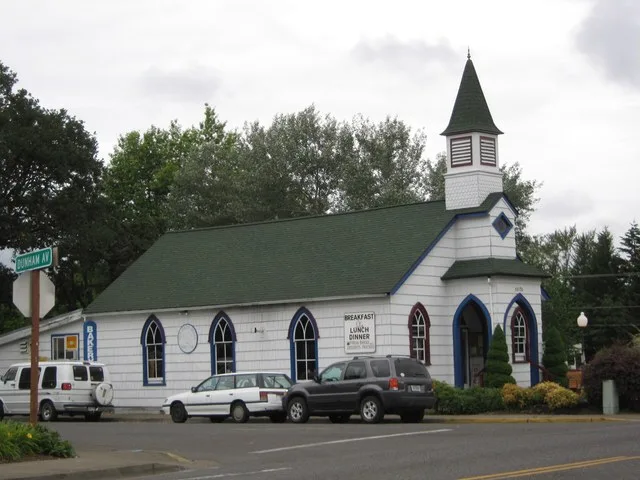 Our Daily Bread, a former church in Veneta, Oregon, USA, now a café and bakery.