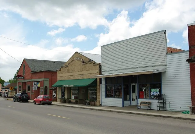 Buildings on Maple Street/OR 47 in w:Yamhill, Oregon , USA.