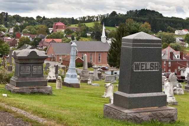 Beallsville Historic District, seen from the Beallsville Cemetery, with the Methodist-Episcopal Church just beyond, and much of the rest of the district in the background. The lar...