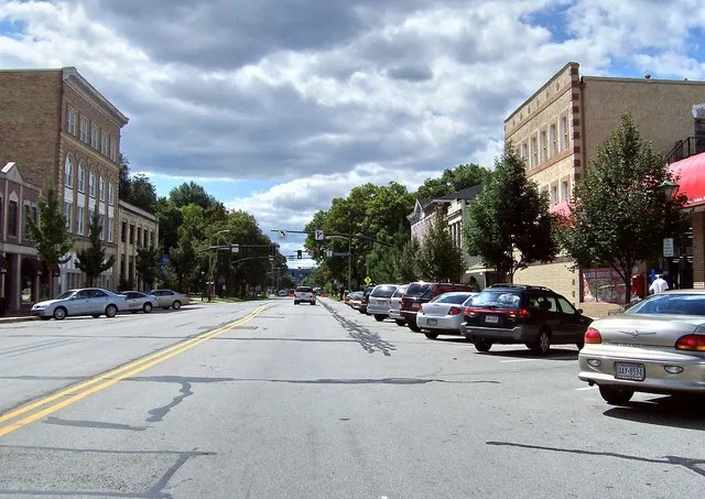 Westward along Third Street ( Pennsylvania Route 68 ) in downtown Beaver , Pennsylvania , United States . The buildings depicted are part of the Beaver Historic District , which i...