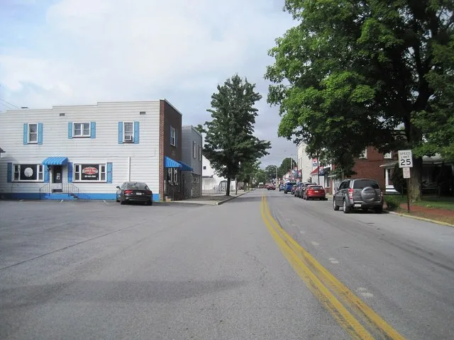 Photo of northbound Main Street in Bellwood , Pennsylvania . Photo taken looking north-northeast between Boyles Street and Cambria Street.