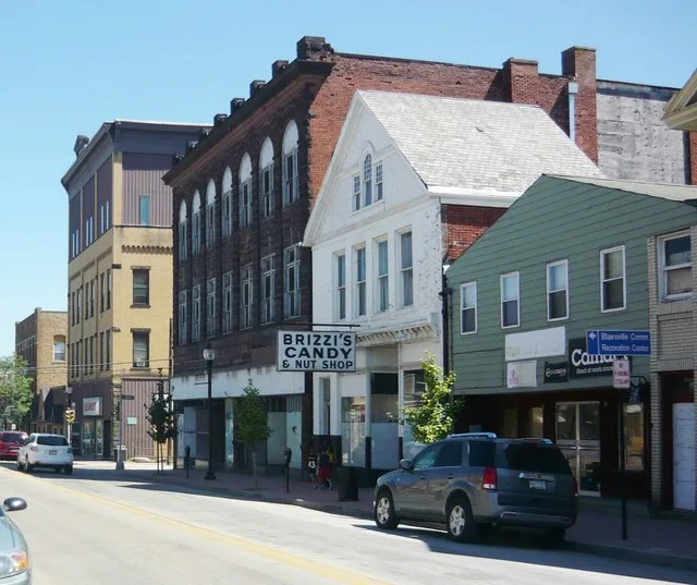 Business district of Blairsville, Indiana County, Pennsylvania. Looking eastward on East Market Street between Walnut Street and Stewart Street. The tall yellow brick building in...