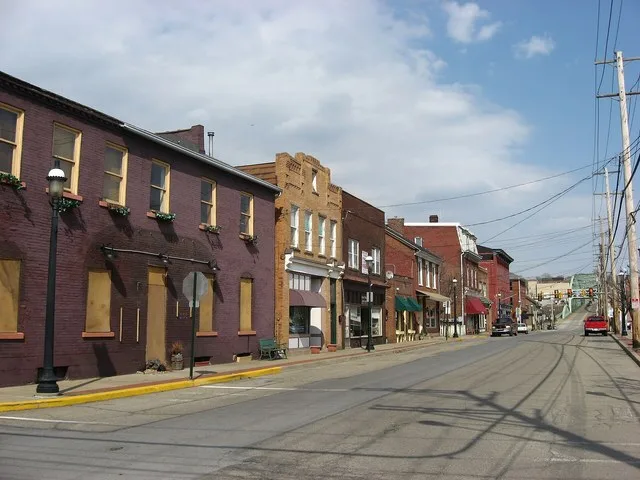 Buildings along the north side of Bridge Street in Bridgewater , Pennsylvania , United States , taken from the southwestern corner of the Mulberry Street intersection. This block...