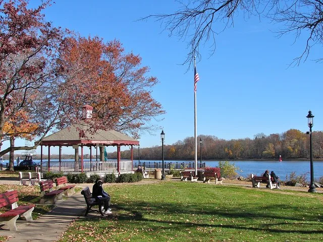 Lions Park and riverfront in Bristol, Pennsylvania. Delaware River at the foot of Mill Street. Across the river is Burlington Island in the beautiful Garden State of New Jersey.