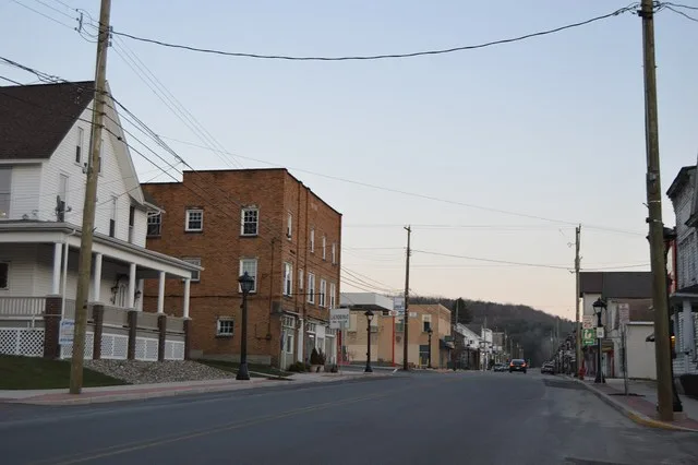 Looking south from Spruce Street along Main Street ( Pennsylvania Route 53 ) in Coalport , Pennsylvania , United States . This section of Main is the core of the Coalport Historic...