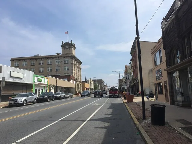 Eastbound U.S. Route 30 Business (Lincoln Highway) past the intersection with 2nd Avenue in Coatesville, Pennsylvania