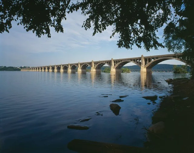 Columbia-Wrightsville Bridge between Columbia and Wrightsville, Pennsylvania. Taken summer 1997 by Joseph Elliott, "3/4 view from southwest".