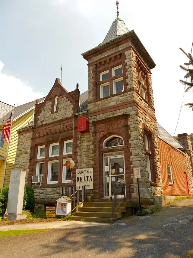 602 Main Street in Delta, York County, Pennsylvania, currently the Borough Hall and a local museum. Formerly the 1st National Bank. In the Delta Historic District.