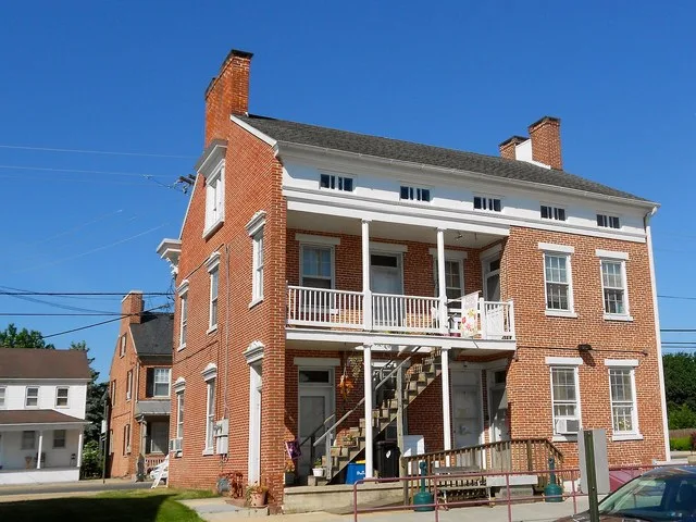 Back of Englehart Melchinger House, listed on the National Register of Historic Places on August 12, 1992, at 5 North Main Street, Dover, Pennsylvania. Located next to Calvary Lut...