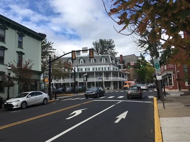 Northbound Main Street at the intersection with State Street in Doylestown, Pennsylvania