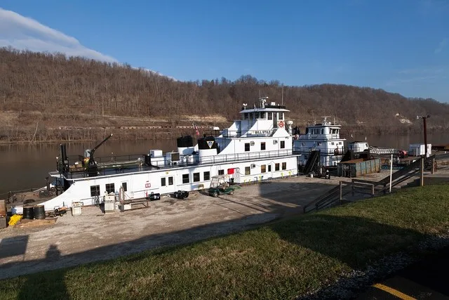 Commercial docks at the end of Wharf St in Dunlevy, Pennsylvania . The Bill Stile tug and the Rocket tug are docked.
