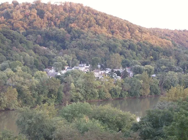 View of Eastvale, Pennsylvania from Skye balcony of Skye Lounge of Geneva College , looking over the Beaver River .