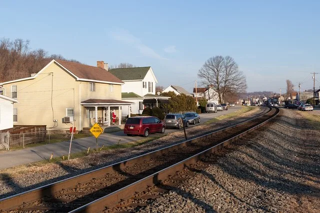Looking east along Railroad St in Elco, Pennsylvania