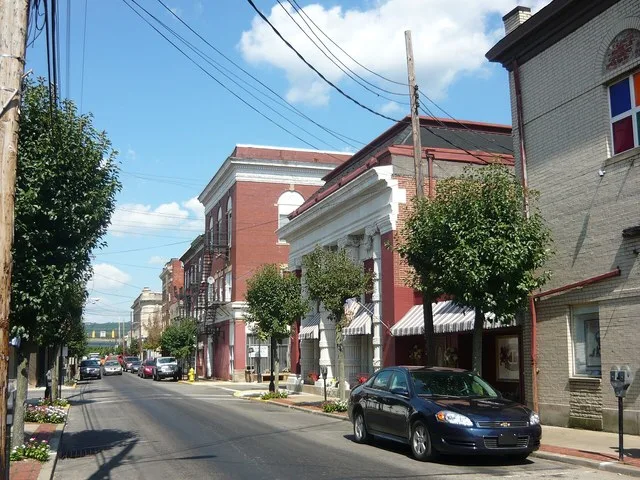 Business district of Elizabeth, Allegheny County, Pennsylvania. Looking northward on South Second Avenue. The building at the right-hand edge of the photo is the Grand Theater.