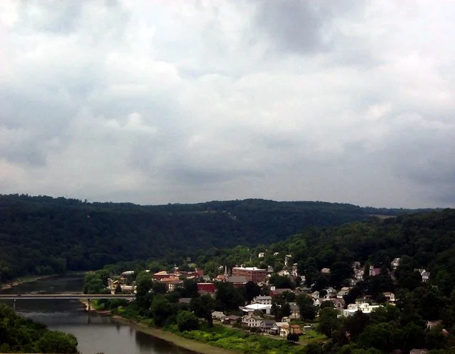 The borough of Emlenton and the Allegheny River from the Interstate 80 bridge, Pennsylvania, United States. Note: this was taken from a moving vehicle and the bridge wall was crop...